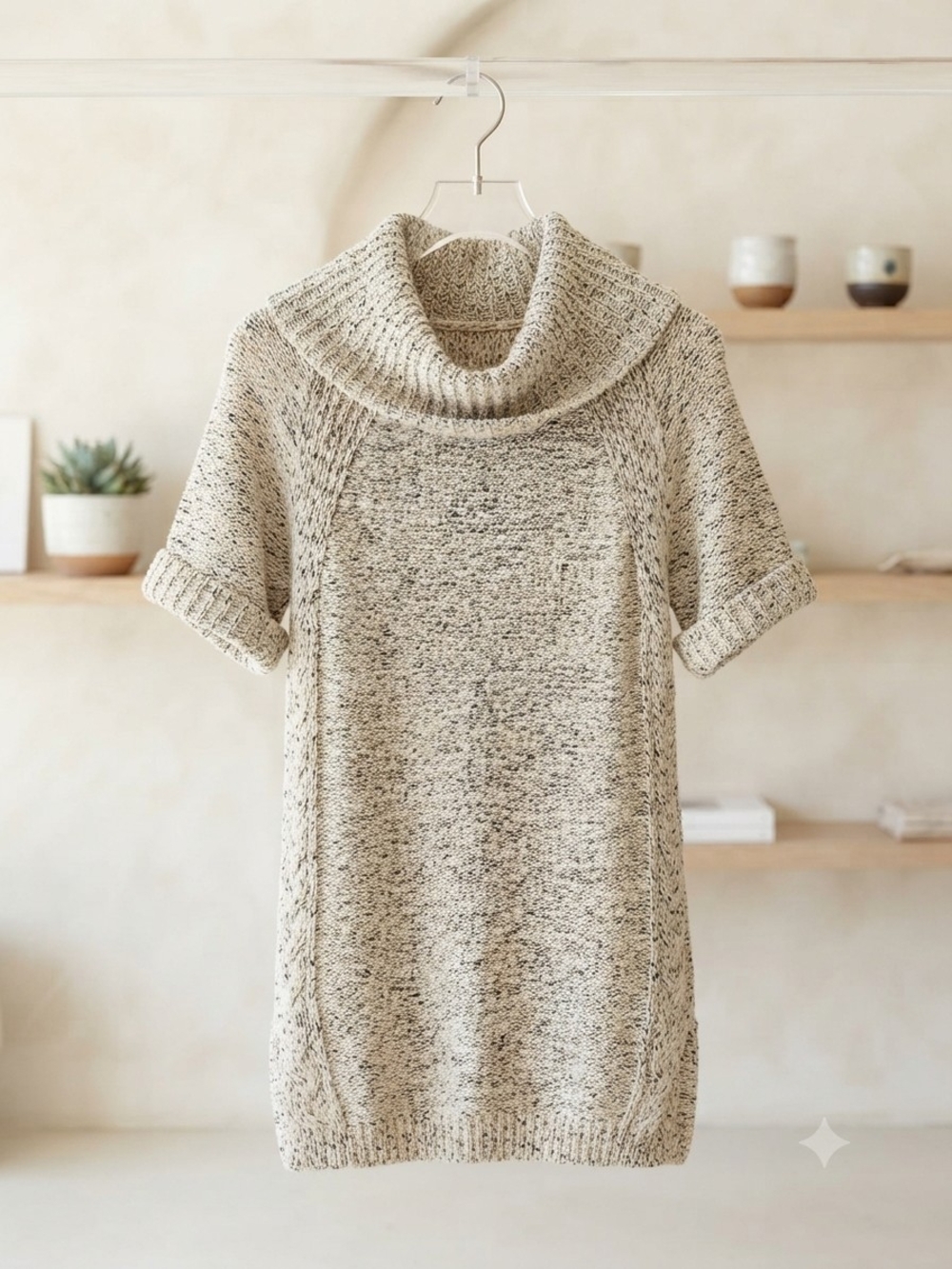 New Look Cream Marled Short-Sleeve Cowl Neck Sweater